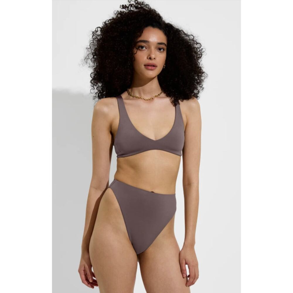 Left On Friday SET Plunge Top + Throwback Bottom Bikini Stormy Taupe Sz M A-C